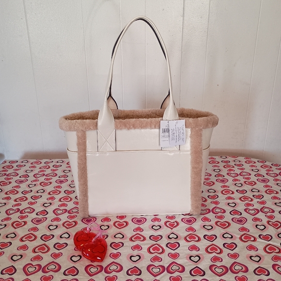 SOLD- Kate Spade Meringue Cream Off White  Shearling Trim Large Tote Bag Purse - Picture 5 of 16